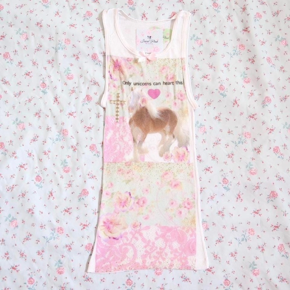 saint pink unicorn rose ribbed tank top white y2k